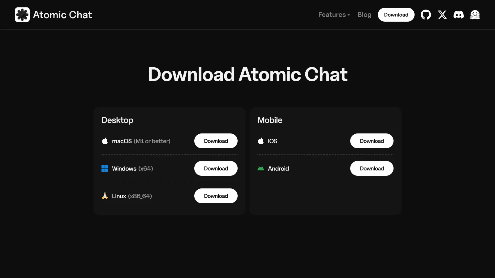 Atomic Chat download options for desktop and mobile