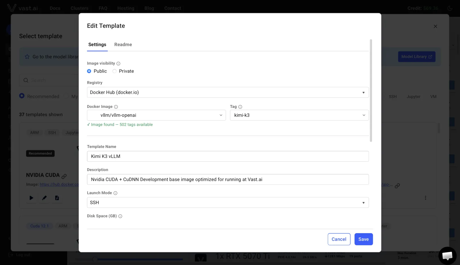 The top half of the Vast template editor