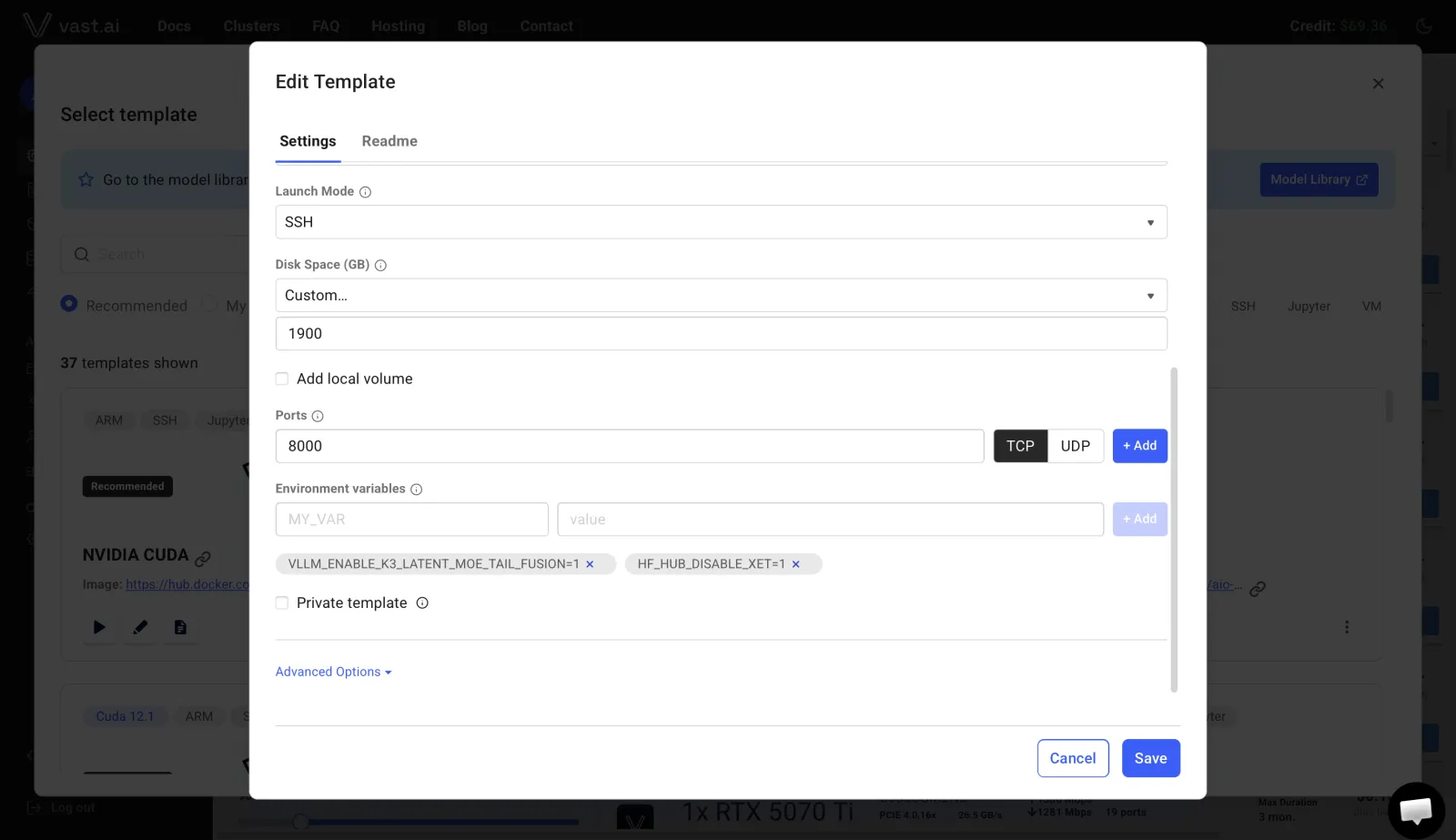 The bottom half of the Vast template editor