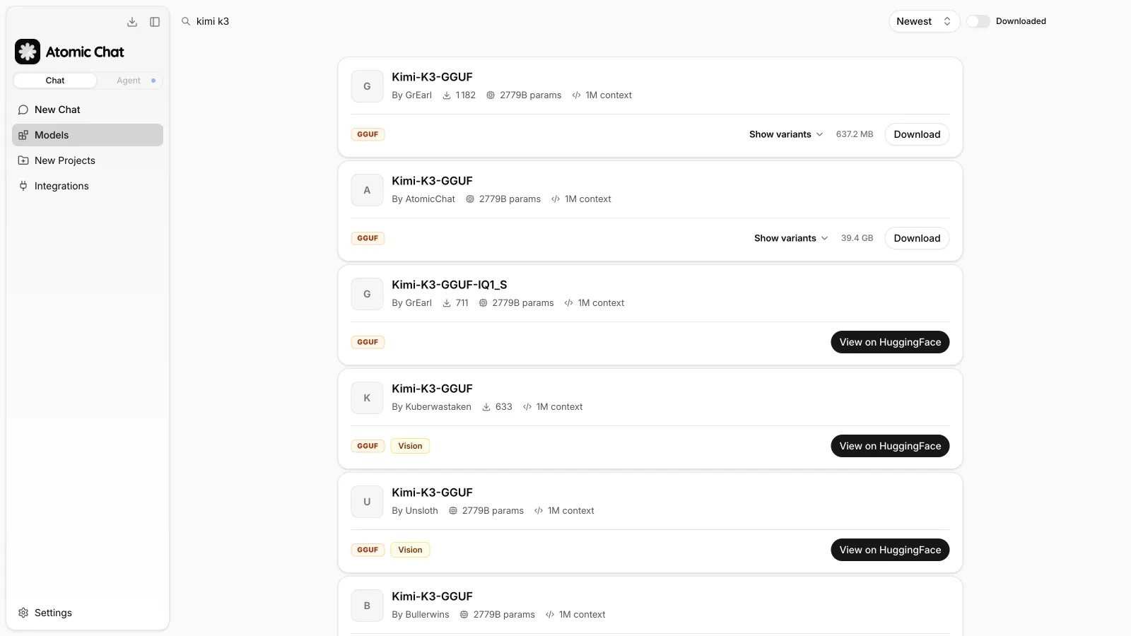 Searching for Kimi K3 in the Atomic Chat catalog