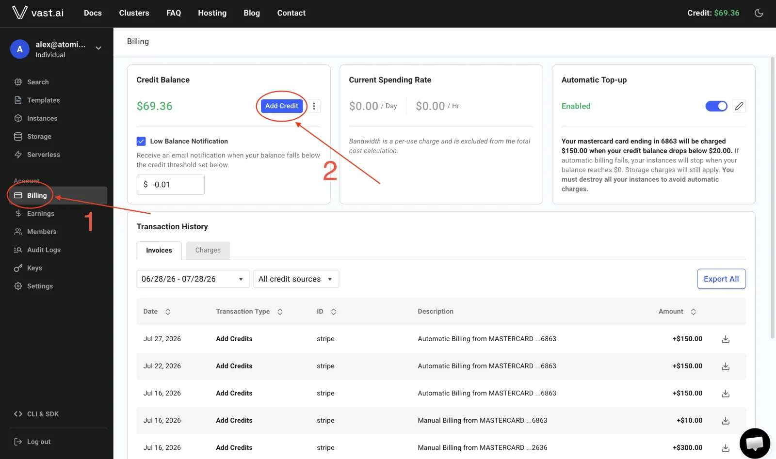 The Vast billing page with Add Credit highlighted