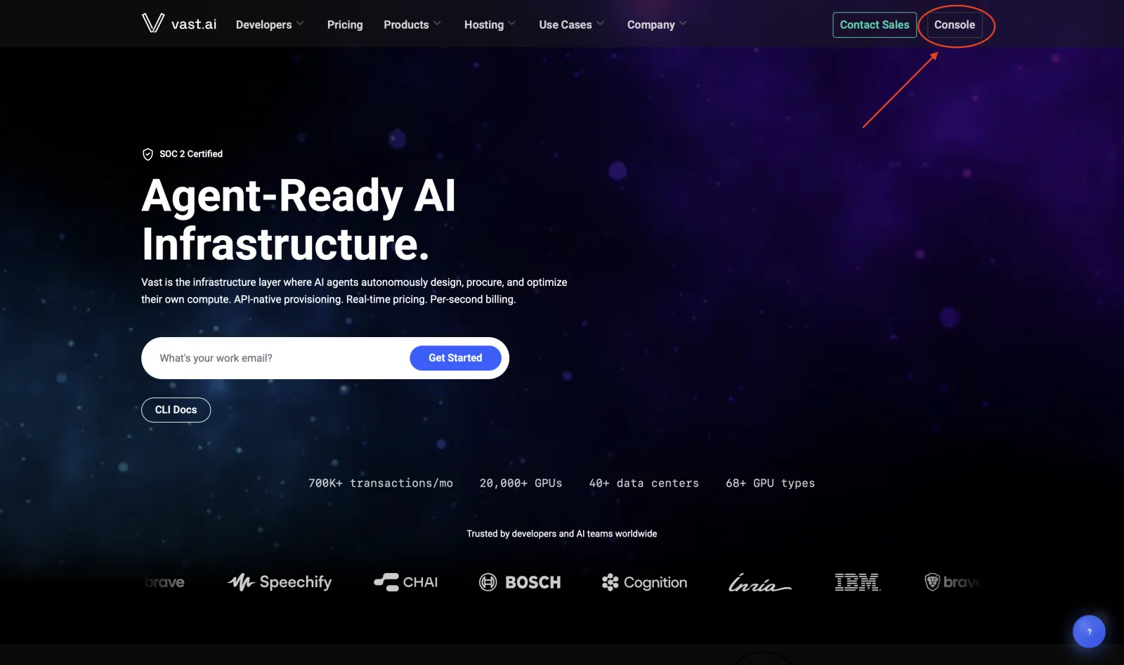 The Vast.ai homepage with the Console button