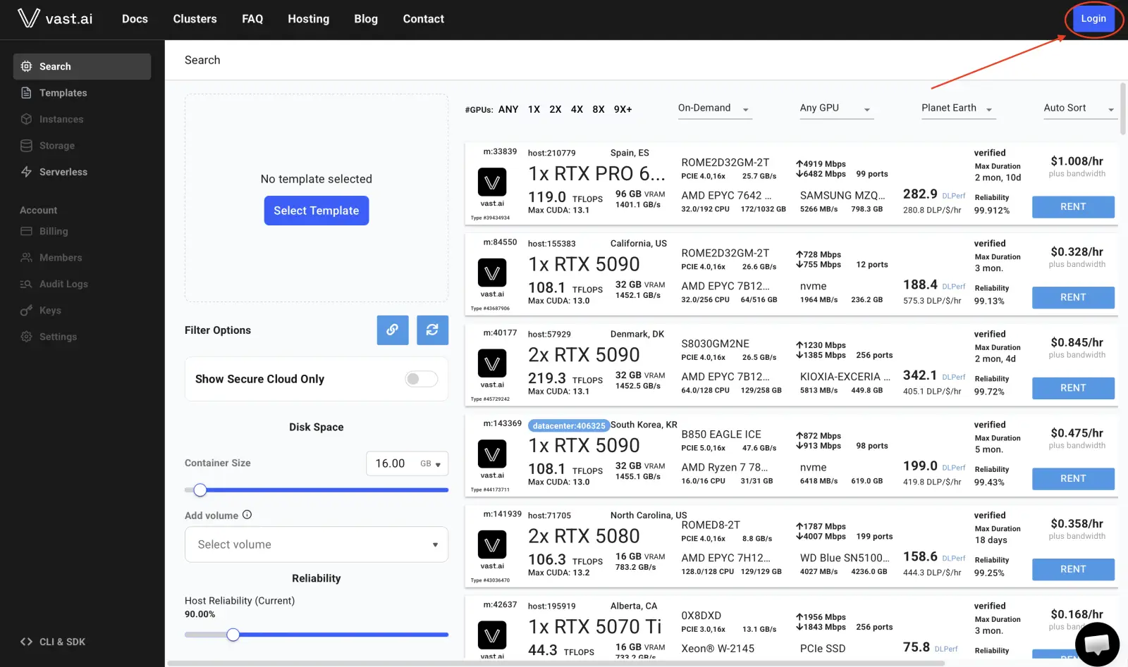 The Vast console with the Login button