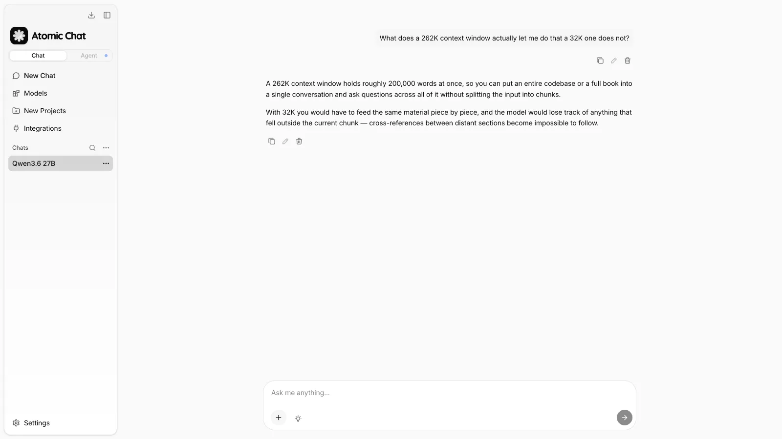 Chatting with Qwen3.6 27B locally in Atomic Chat