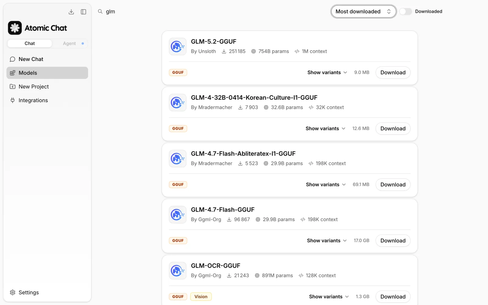 Searching for GLM in the Atomic Chat model catalog
