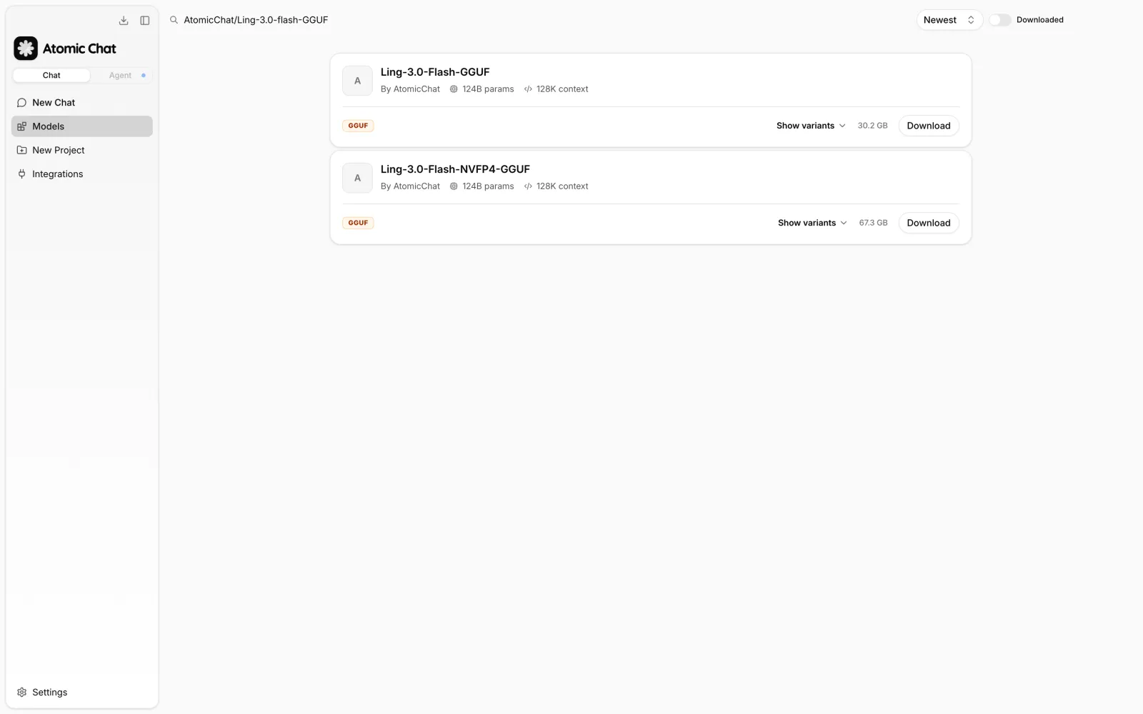 Searching for Ling 3.0 in the Atomic Chat model catalog