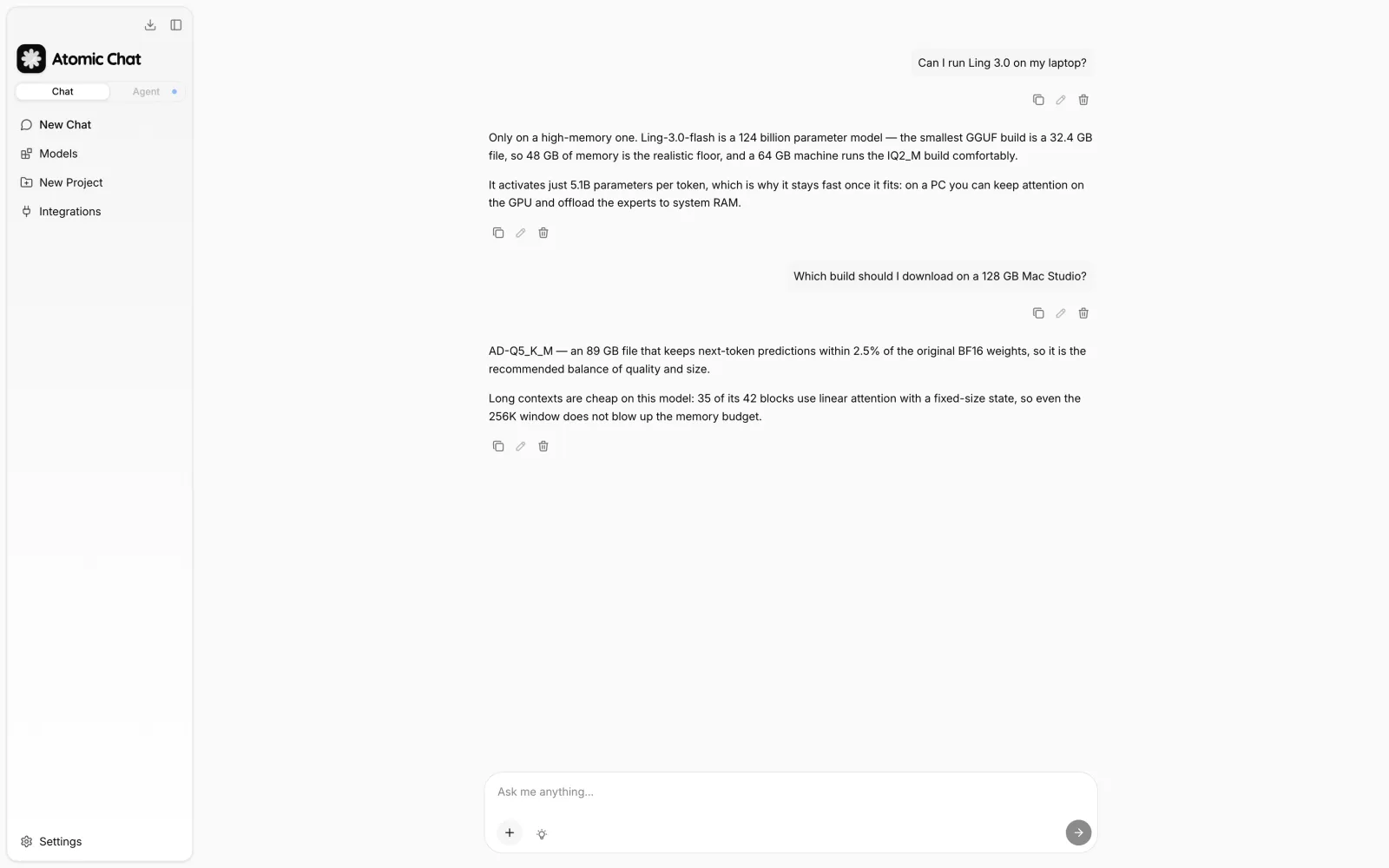 Chatting with Ling 3.0 locally in Atomic Chat