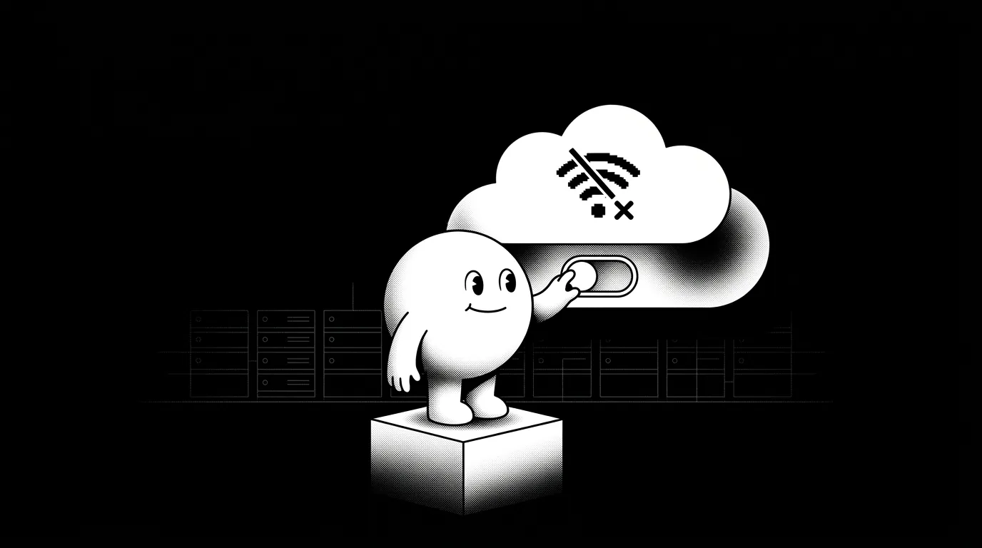 Black and white illustration of a round cartoon character standing on a cube, flipping a toggle switch to turn off a cloud with a crossed-out Wi-Fi symbol, with server racks visible in the dark background.