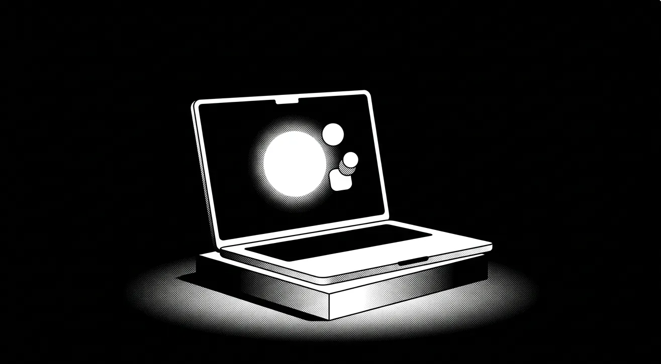 Black and white illustration of a laptop in a spotlight, its screen displaying a glowing circle with two smaller circles beside it resembling a chat or user interface icon, against a black background