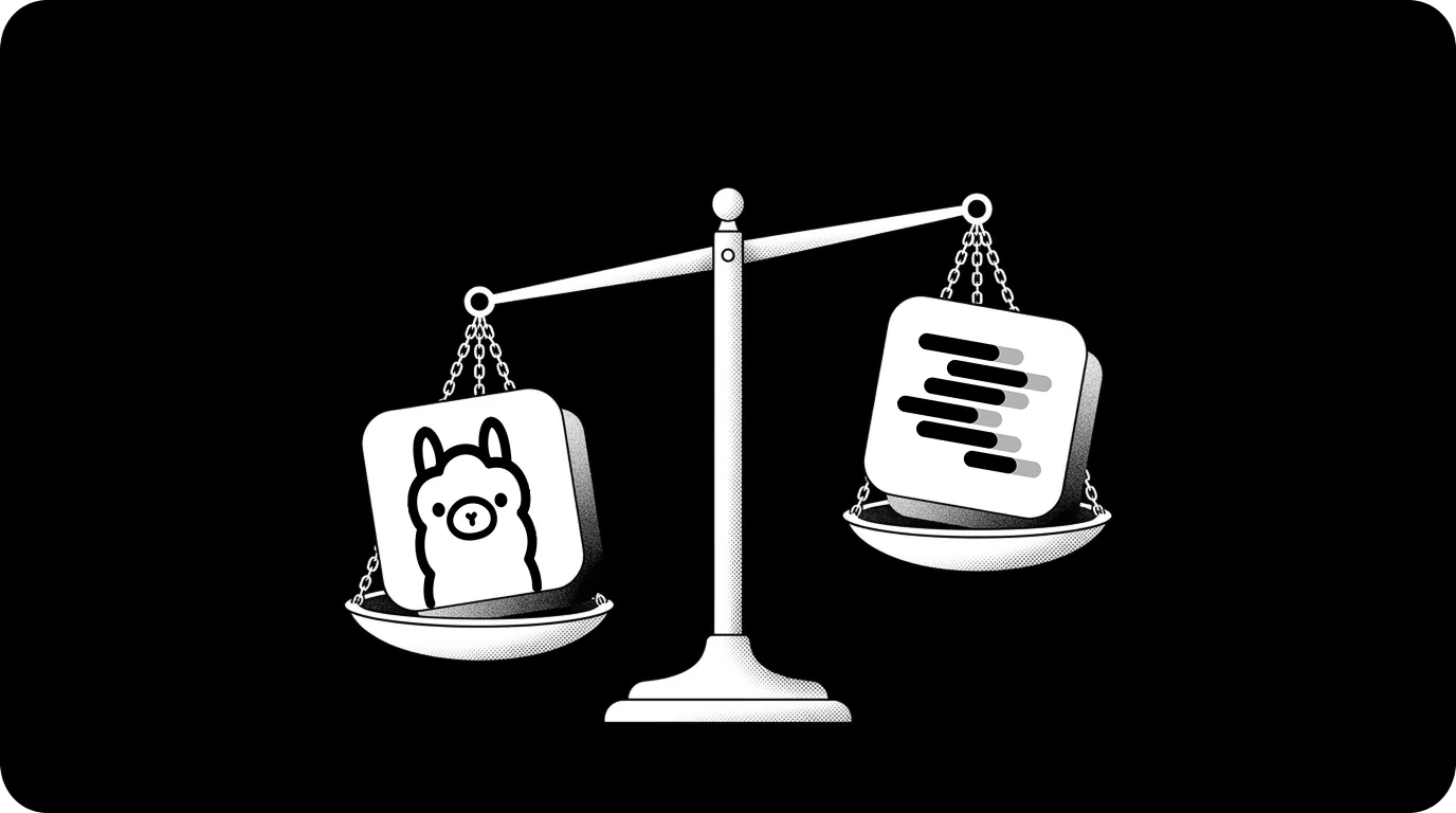 Black and white illustration of a balance scale weighing two app icons: an alpaca (Ollama logo) on the left pan and a document/text icon on the right pan, against a black background.