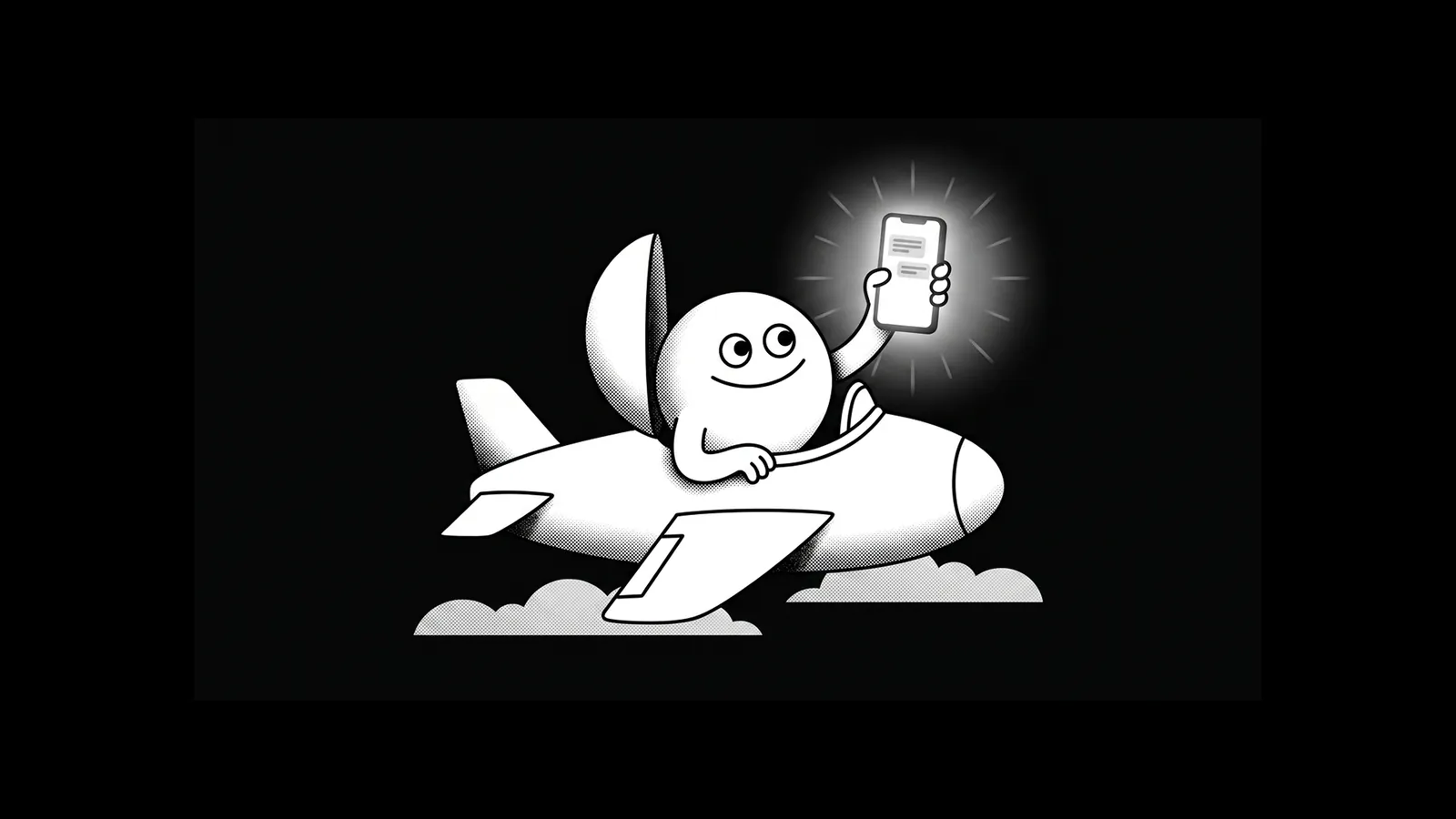 Black-and-white illustrated banner for Atomic Chat article featuring a round, friendly cartoon character — riding an airplane through the clouds. The mascot holds up a glowing smartphone with a chat interface on screen, rays of light radiating around it.