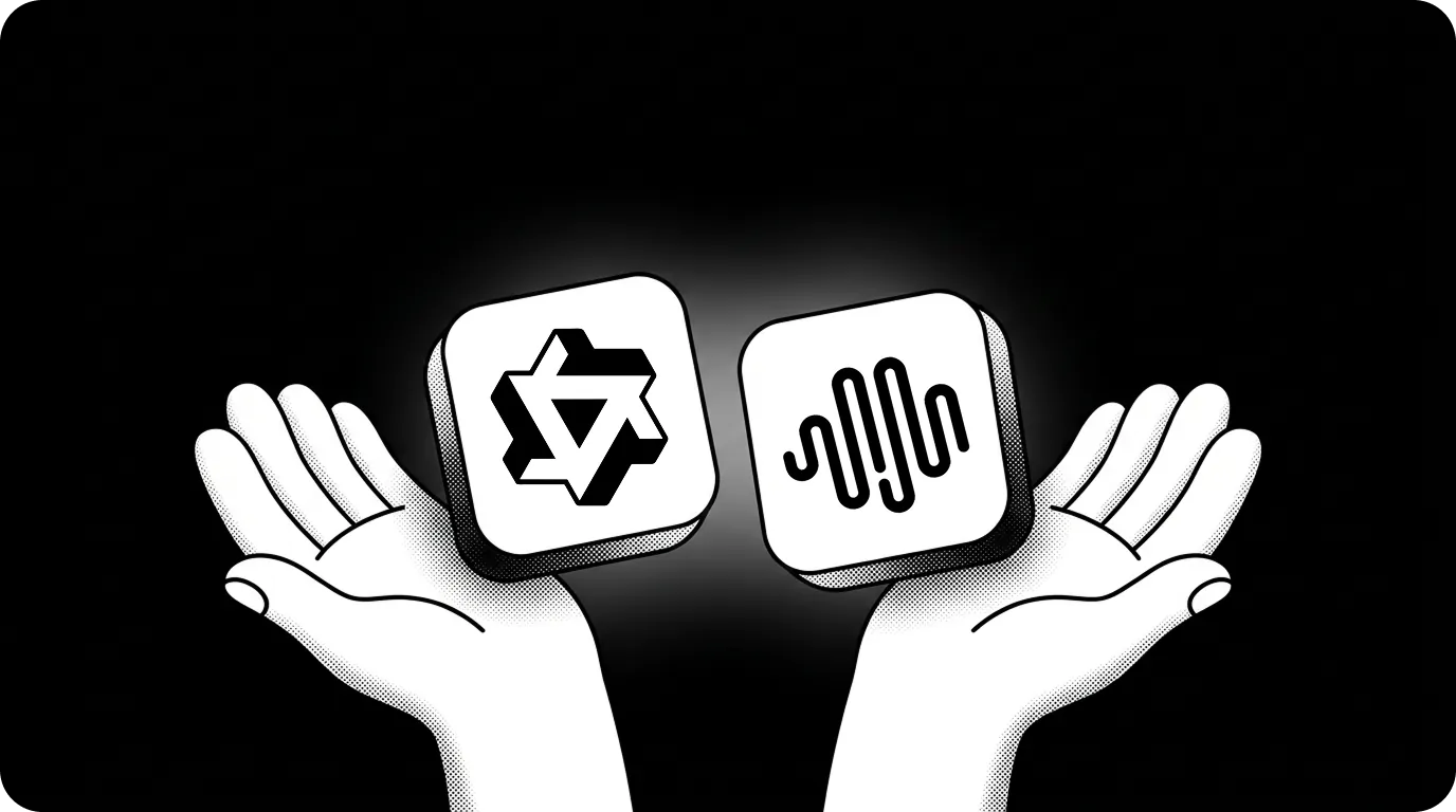 Black and white illustration of two open palms each holding an app icon: the left hand holds an icon with a geometric hexagonal/star-shaped logo, the right hand holds an icon with a sound wave or audio waveform symbol, against a black background