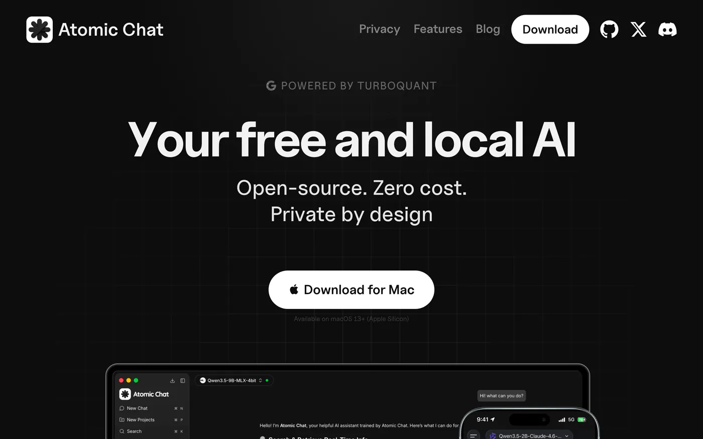 Atomic Chat website with dark background, headline "Your free and local AI. Open-source. Zero cost. Private by design.", download button for Mac, and a desktop+mobile app screenshot
