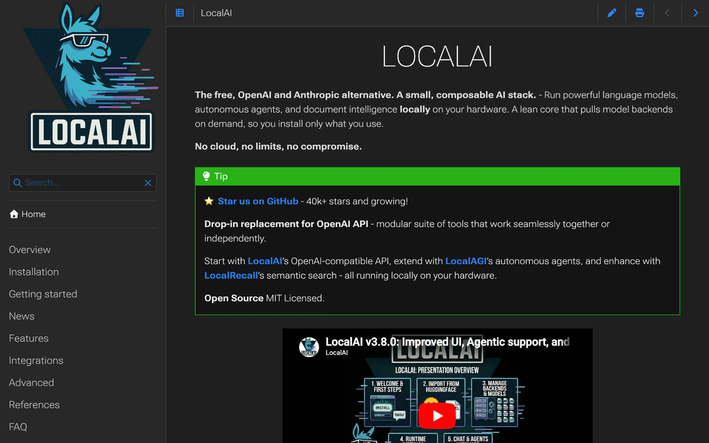 LocalAI documentation page with a llama mascot logo, left sidebar navigation, and a description: "The free, OpenAI and Anthropic alternative. No cloud, no limits, no compromise"