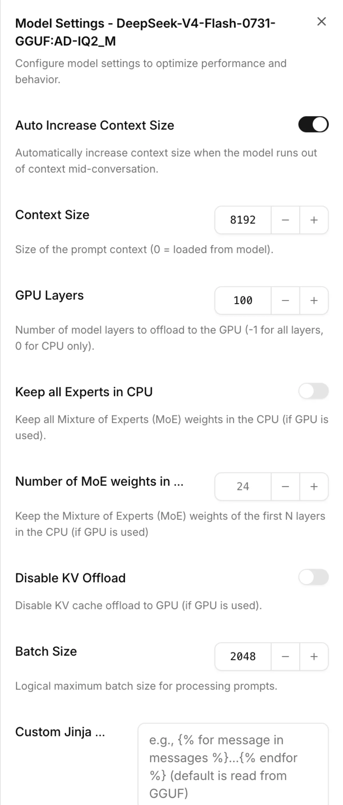 The Atomic Chat model settings panel for DeepSeek V4 Flash, showing Context Size, GPU Layers, the two MoE-offload controls, Disable KV Offload and Batch Size