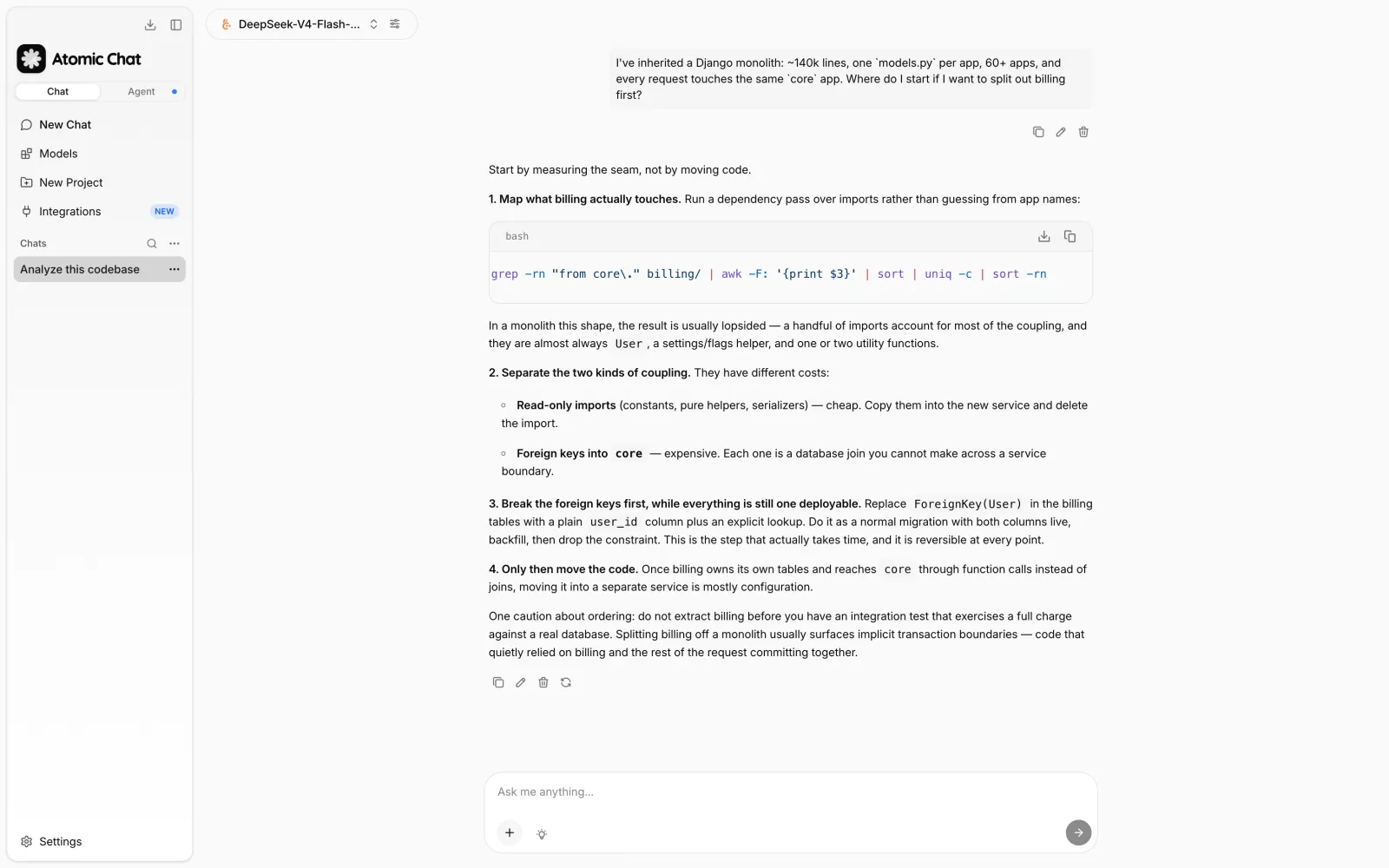 DeepSeek V4 Flash loaded in Atomic Chat, answering a question about splitting a billing module out of a Django monolith