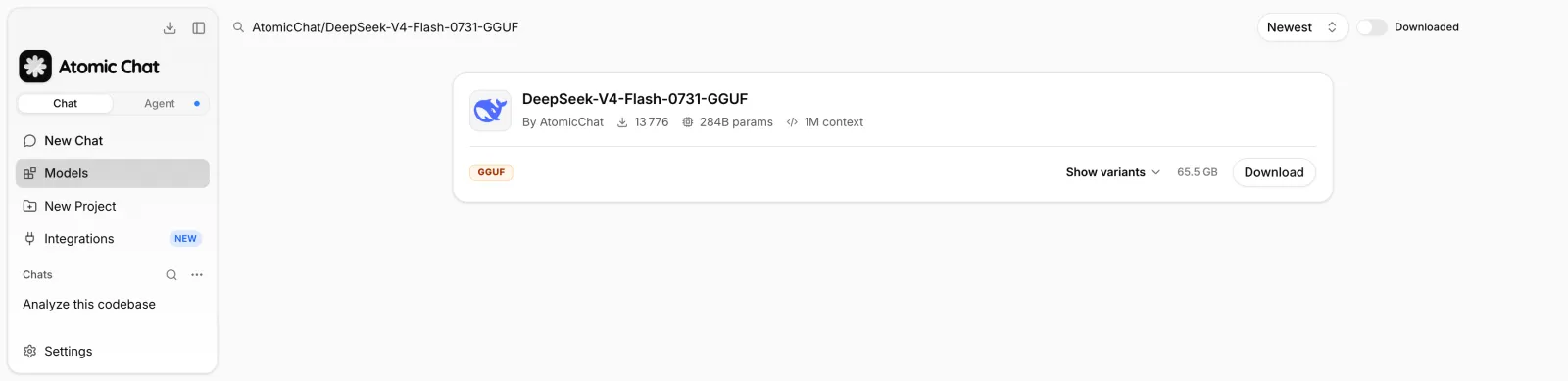 Atomic Chat model search results showing the DeepSeek-V4-Flash-0731-GGUF repository published by AtomicChat, with 284B parameters and a 1M context