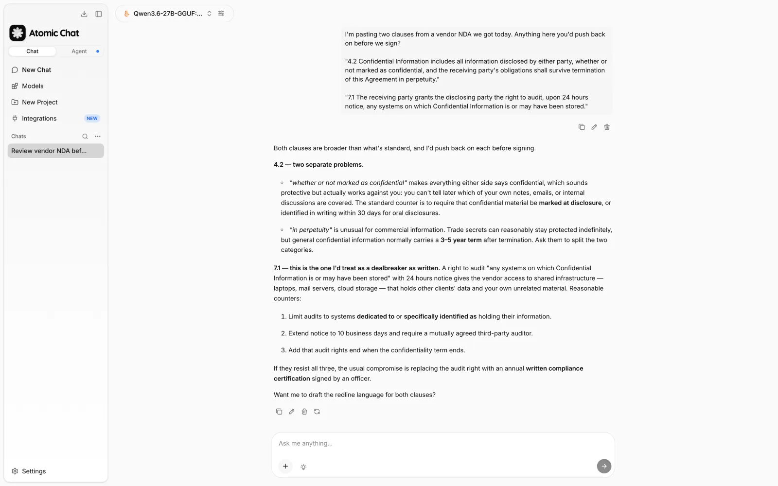 A self-hosted LLM chat in Atomic Chat: Qwen3.6 27B reviewing pasted vendor NDA clauses and returning a structured response