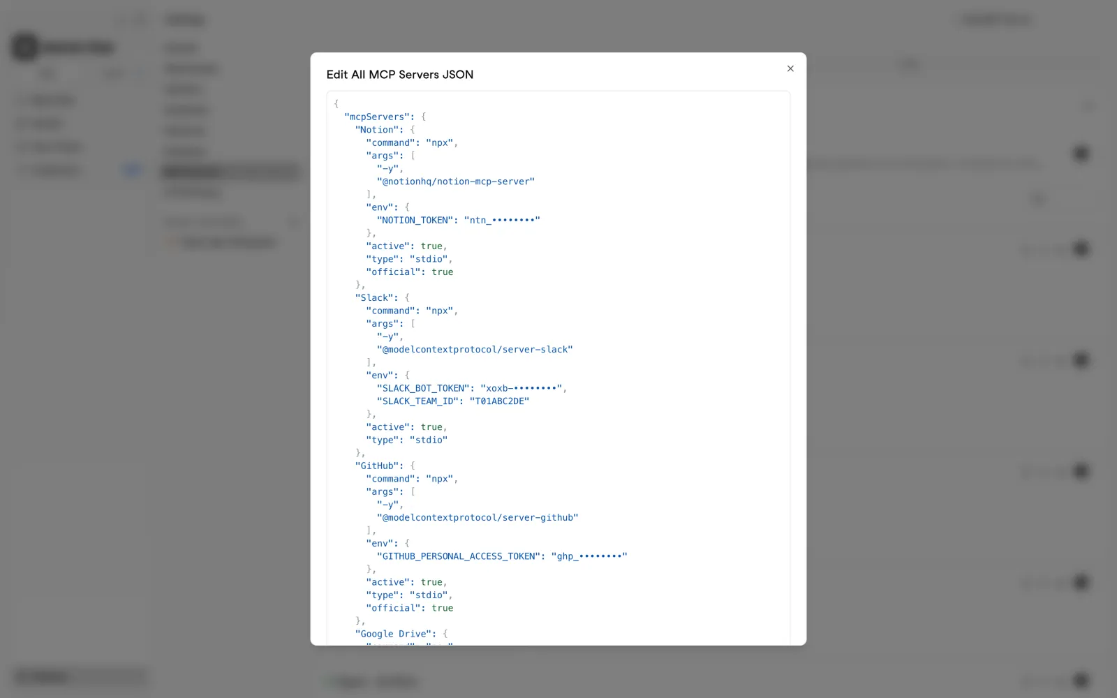 Editing several MCP server configurations as JSON in Atomic Chat