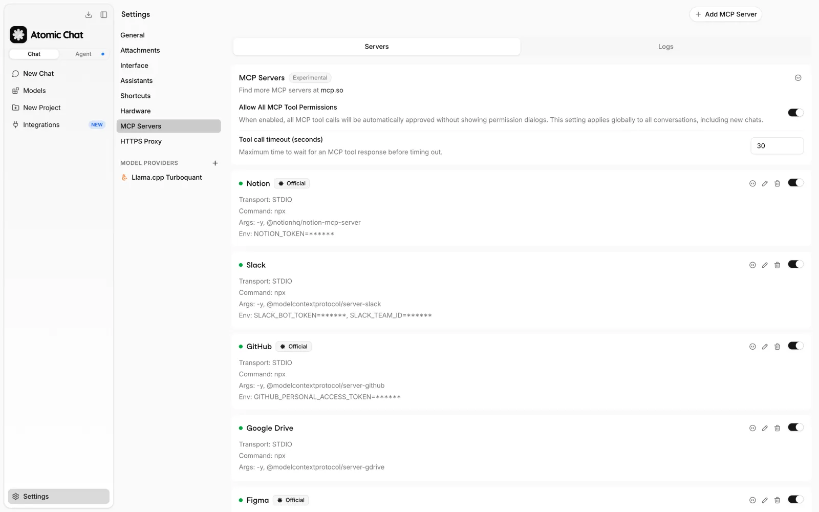 Configured Notion, Slack, GitHub, Google Drive, and Figma MCP servers in Atomic Chat
