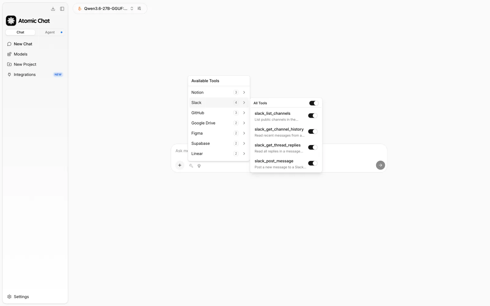 Selecting individual Slack, Notion, GitHub, Google Drive, Figma, Supabase, and Linear tools in Atomic Chat
