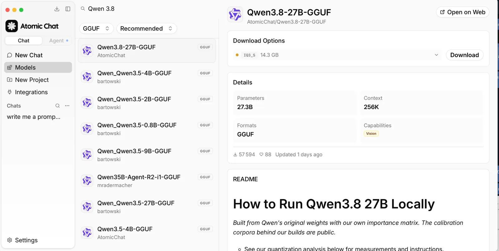 Atomic Chat model search results showing the Qwen3.8-27B-GGUF repository published by AtomicChat, with 27.3B parameters and a 256K context