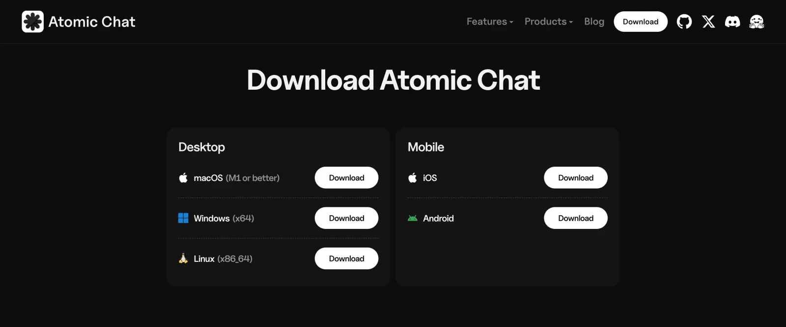 The Atomic Chat download section with macOS, Windows and Linux desktop builds alongside the iOS and Android builds