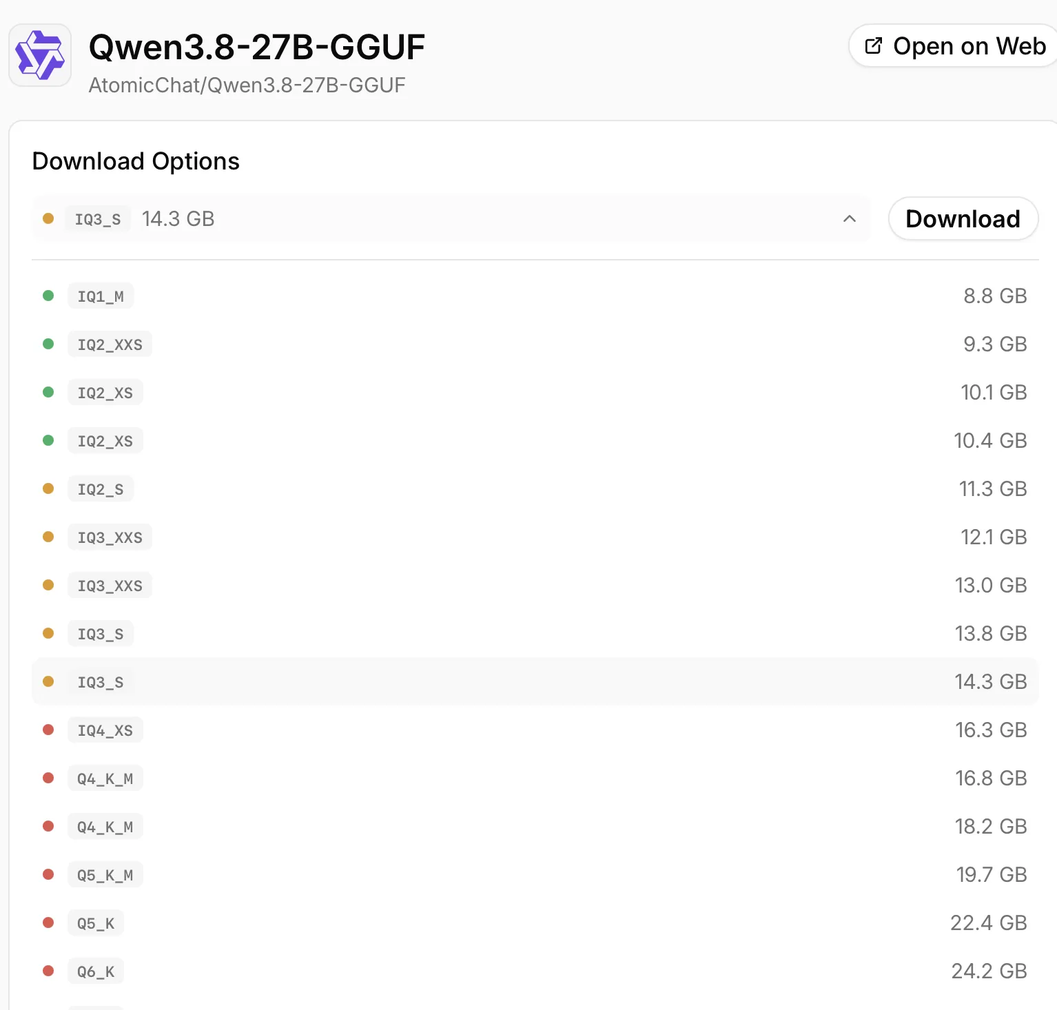 The Atomic Chat Download Options picker listing the Atomic Dynamic quants with a size for each