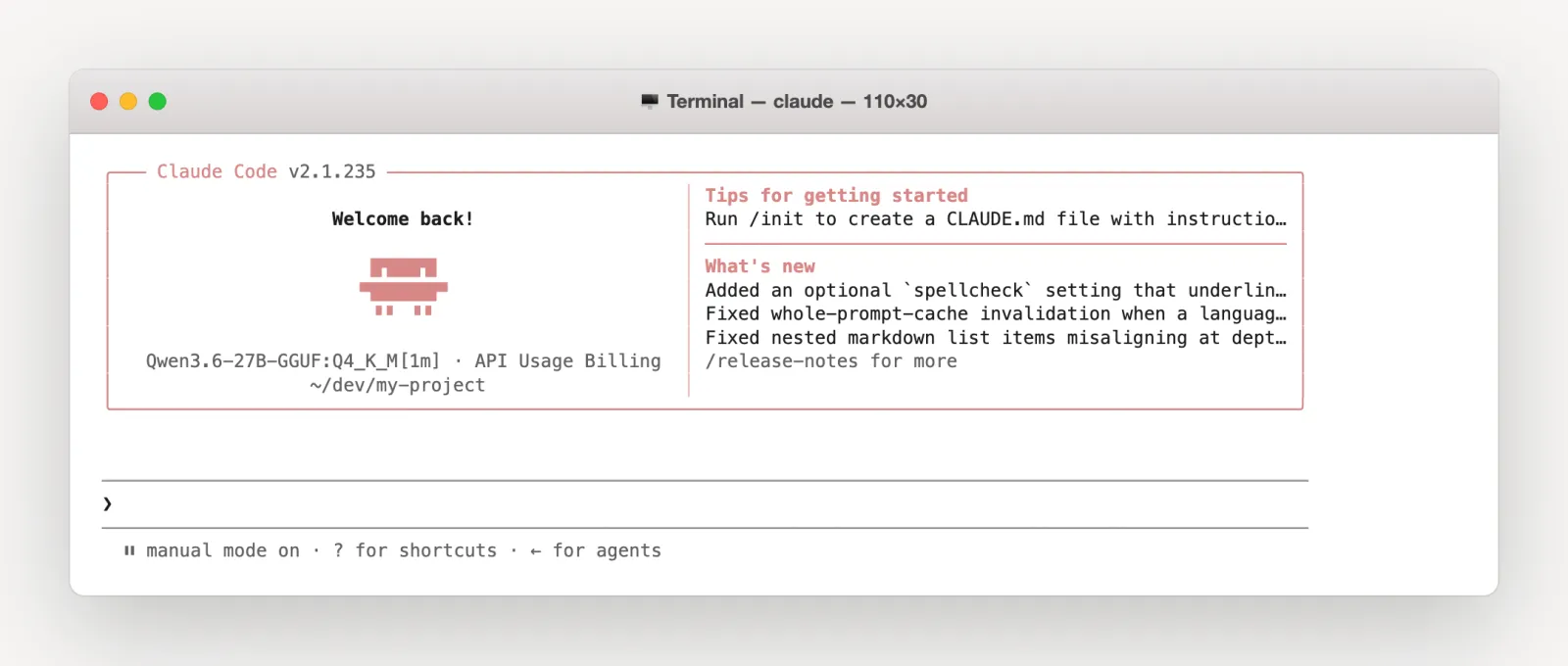 Claude Code terminal interface running Qwen3.6 27B Q4_K_M in a local project