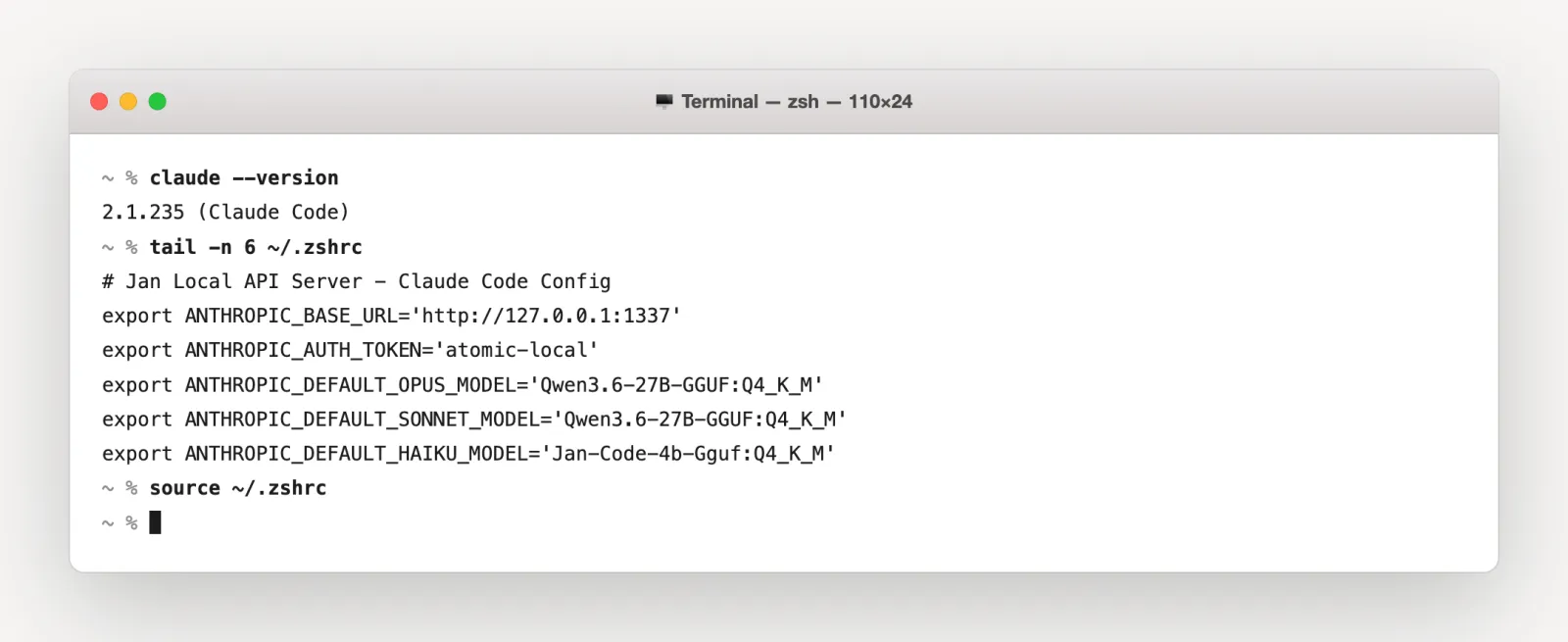 Terminal showing the Claude Code environment variables written for the Atomic Chat Local API Server