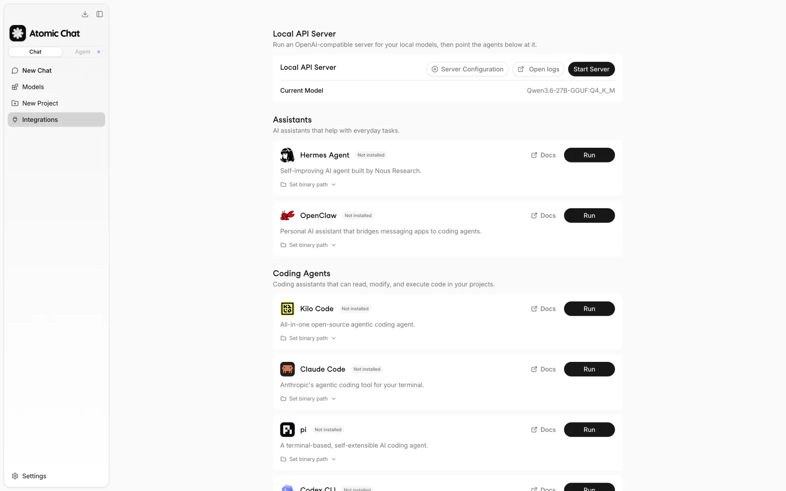 Atomic Chat Integrations page with the local API server and Claude Code Run button