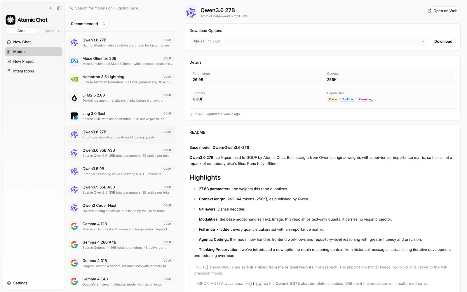 Atomic Chat model hub showing Qwen3.6 27B, its context length, tool-use capability, and download control