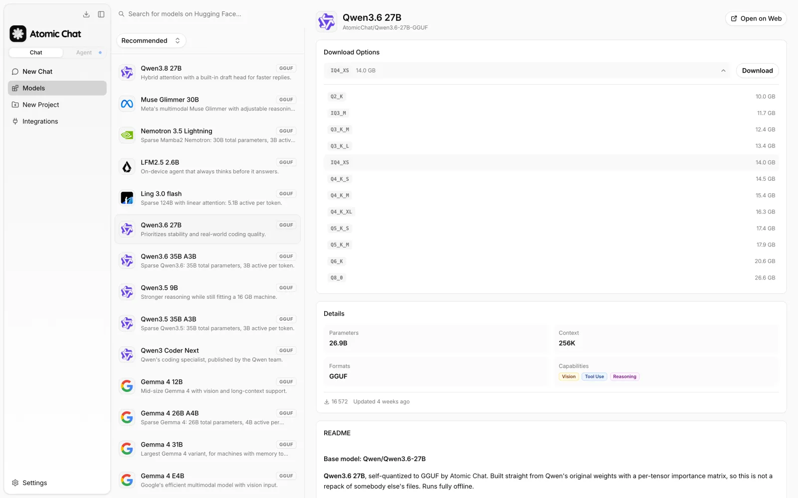 Atomic Chat download menu showing the available Qwen3.6 27B GGUF quantizations
