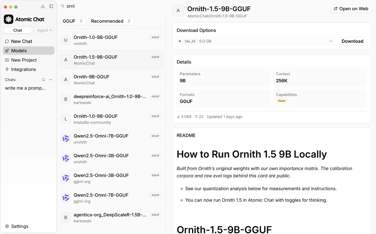 Atomic Chat model search results showing the Ornith-1.5-9B-GGUF repository published by AtomicChat, with 9B parameters and a 256K context