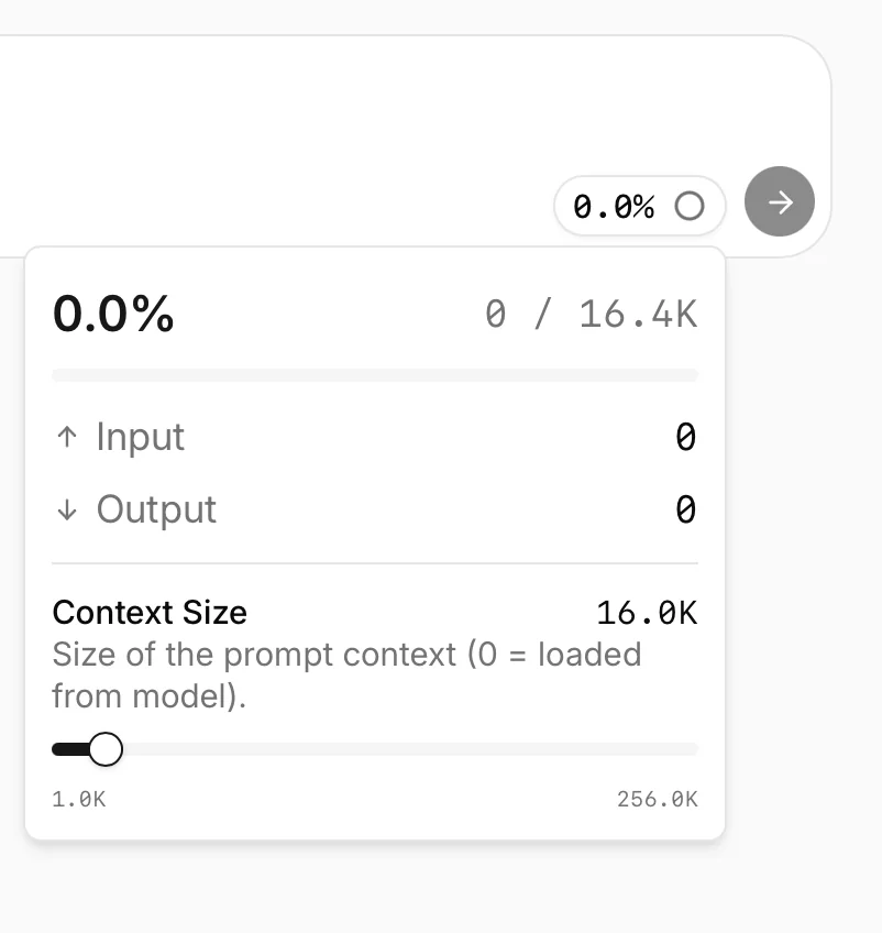 The Atomic Chat context indicator next to the chat input, opened to the Context Size slider with the conversation's usage