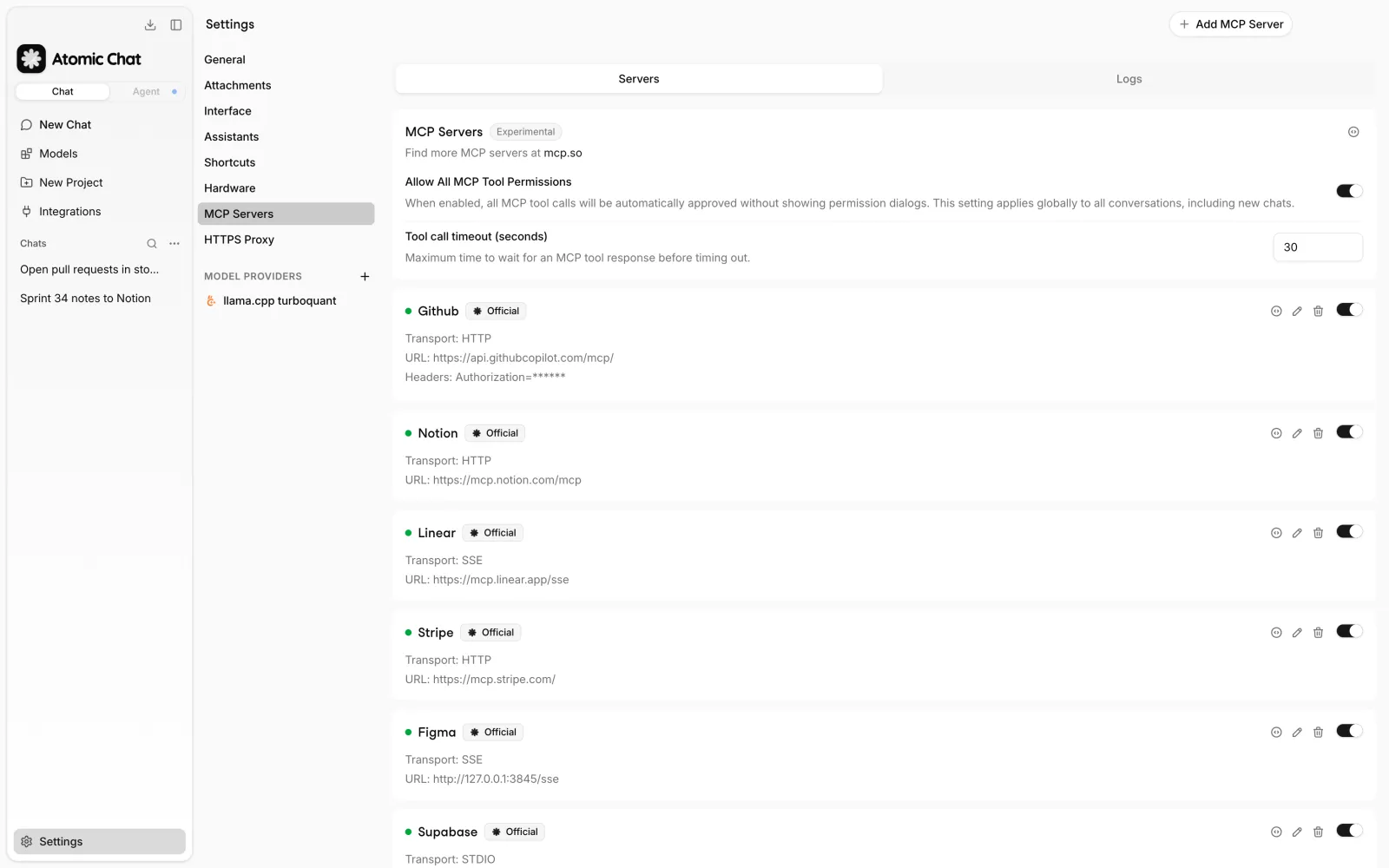Atomic Chat MCP Servers settings showing active GitHub, Notion, Linear, Stripe, Figma, and Supabase connections