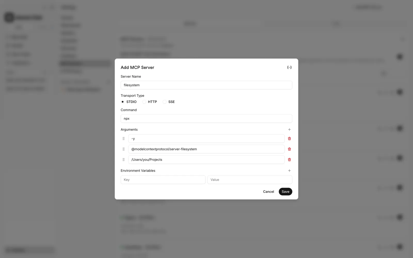 Atomic Chat Add MCP Server dialog configured to launch the filesystem server over STDIO with access to one project directory