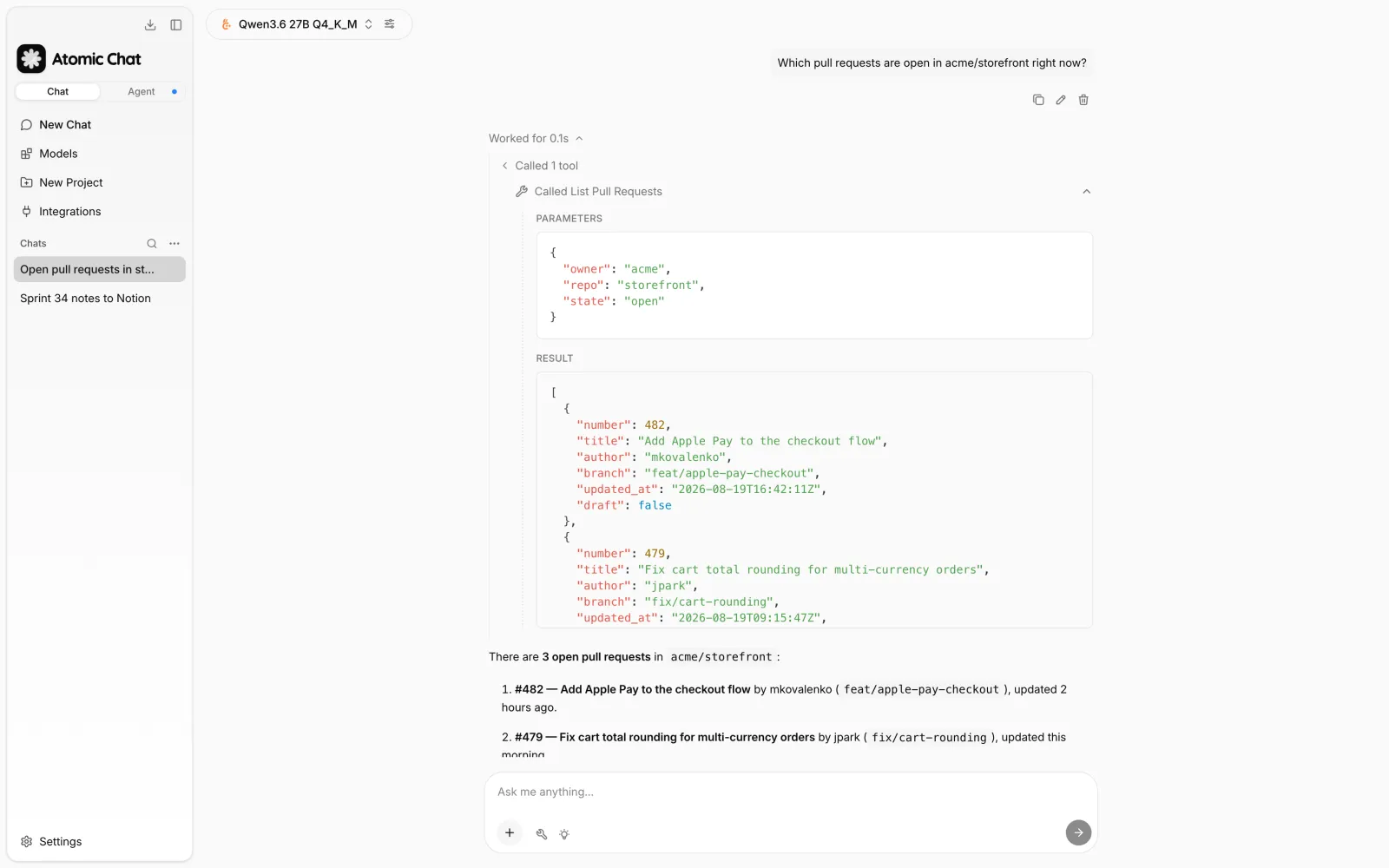 Atomic Chat returning three open pull requests after the GitHub MCP server completes the tool call