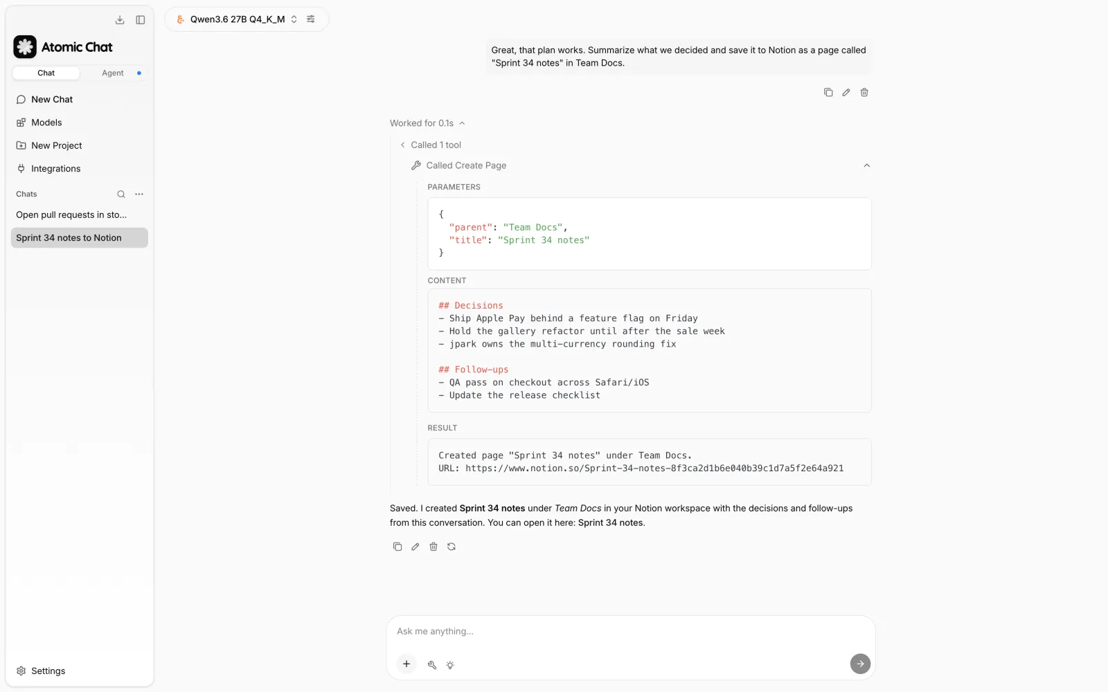 Atomic Chat showing a Notion Create Page MCP call that saves Sprint 34 decisions and follow-ups under Team Docs