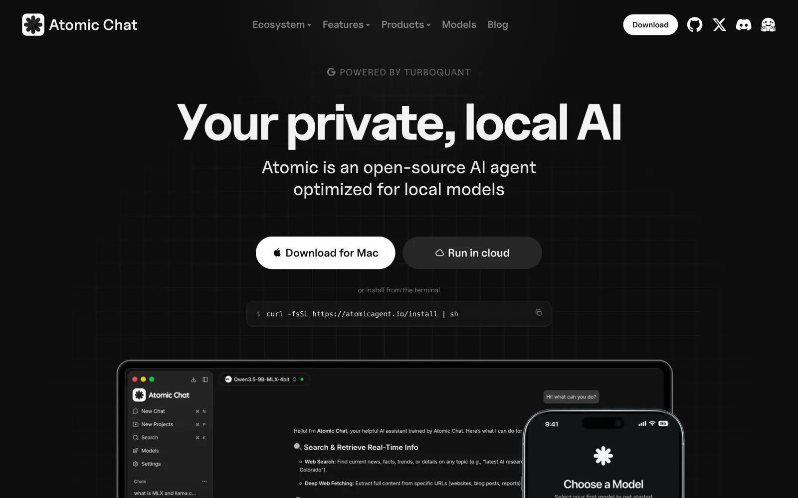 Atomic Chat website with the desktop download options