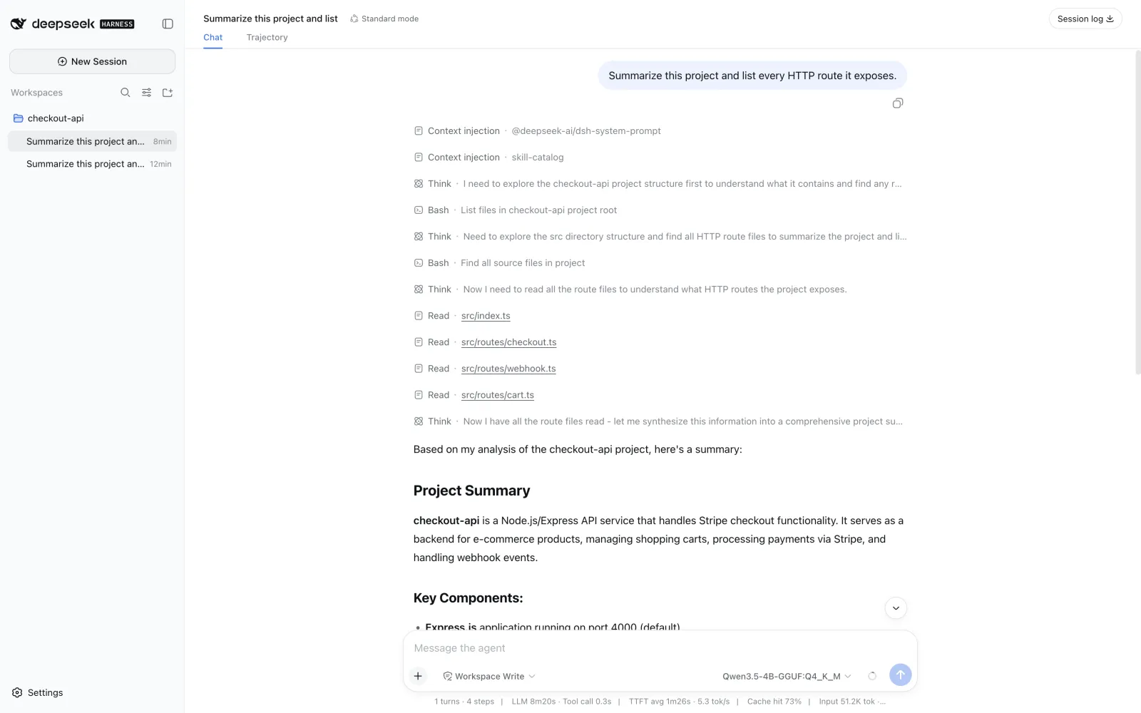 DeepSeek Harness showing the local agent's shell and file-reading steps