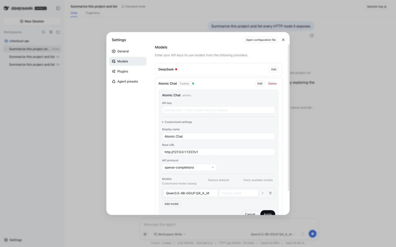 DeepSeek Harness custom provider form configured for Atomic Chat