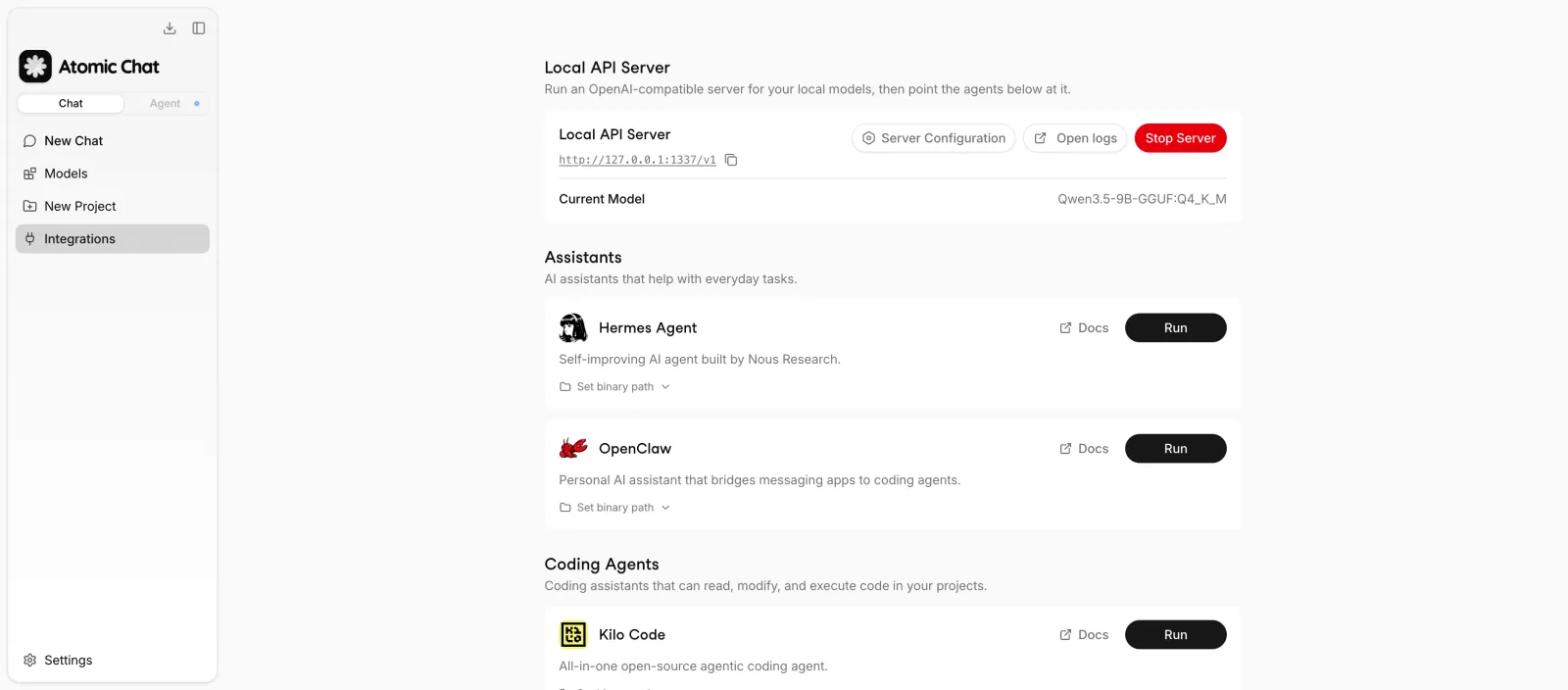 Atomic Chat Integrations page with the Local API Server running