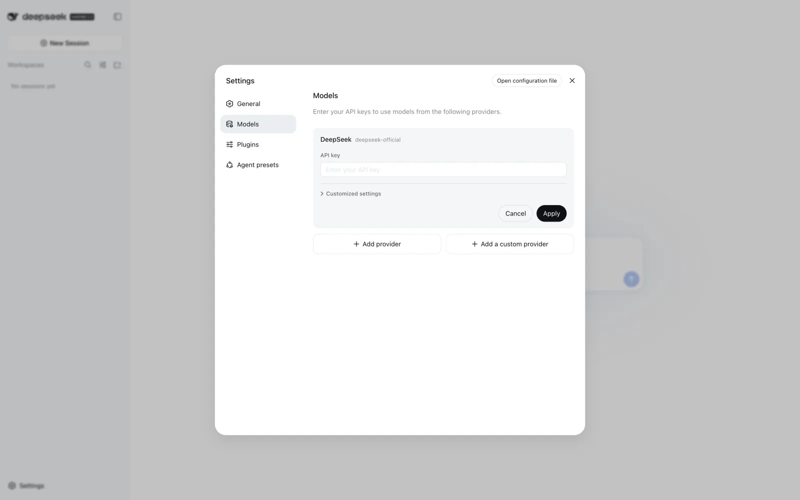 DeepSeek Harness model settings with the custom provider option