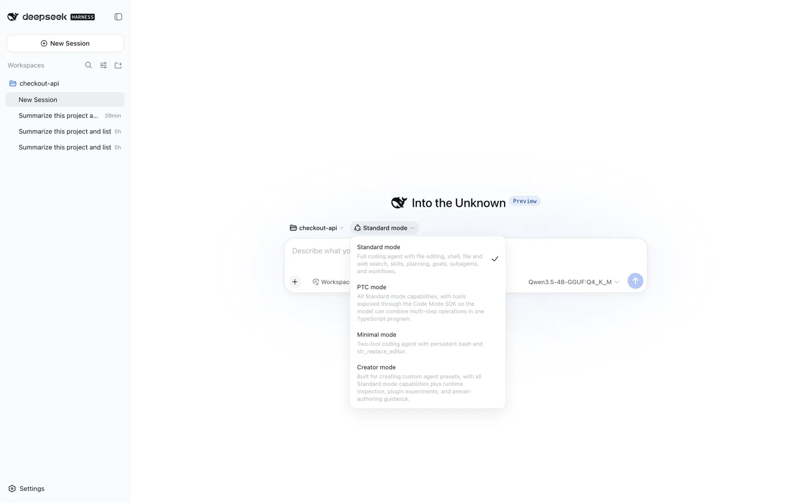 DeepSeek Harness mode selector with Standard and Minimal modes