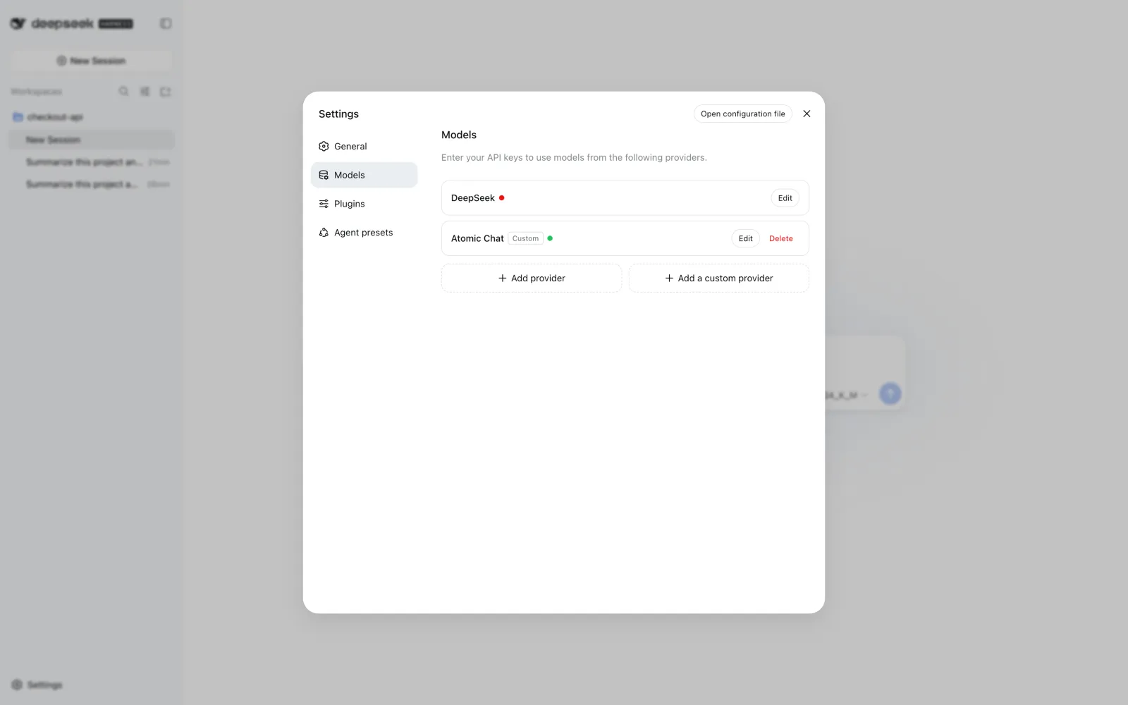 Atomic Chat custom provider saved with a green status indicator