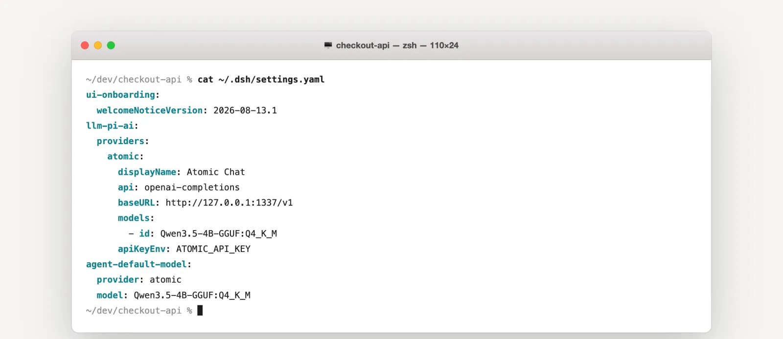 DeepSeek Harness settings.yaml configured for the Atomic Chat provider