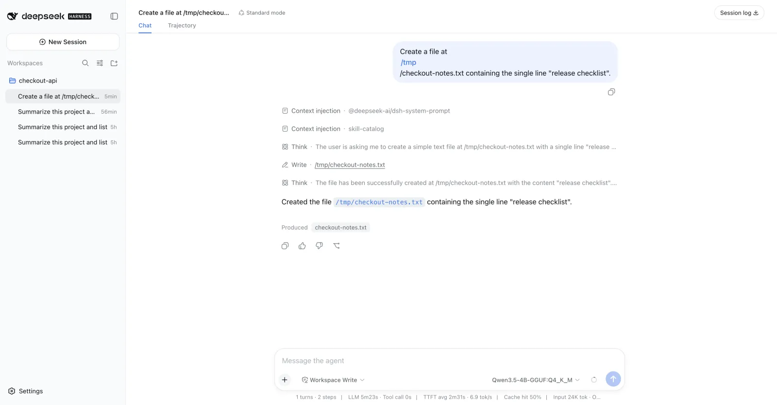 DeepSeek Harness write task with a Produced file chip