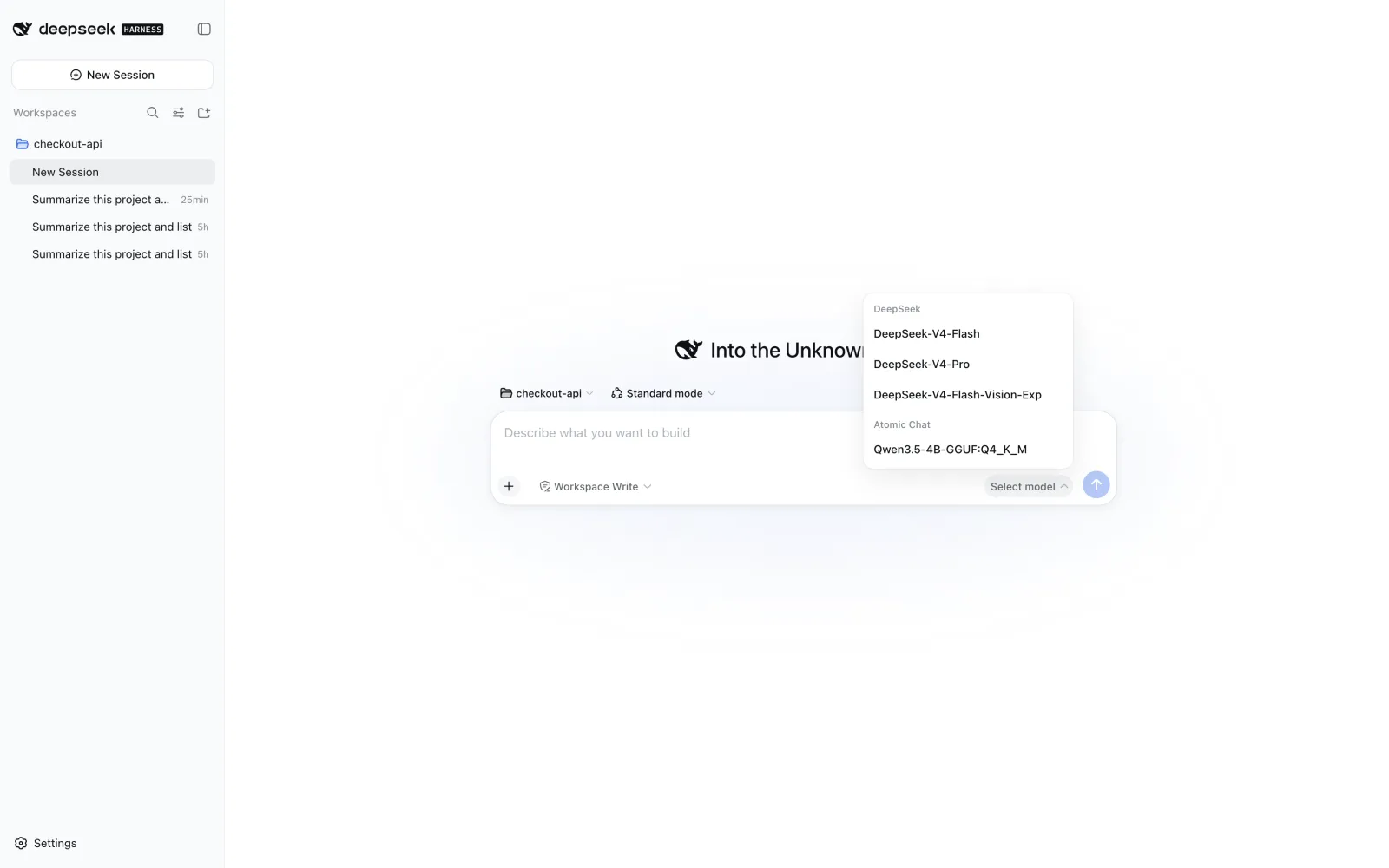 DeepSeek Harness model picker showing the local Atomic Chat provider