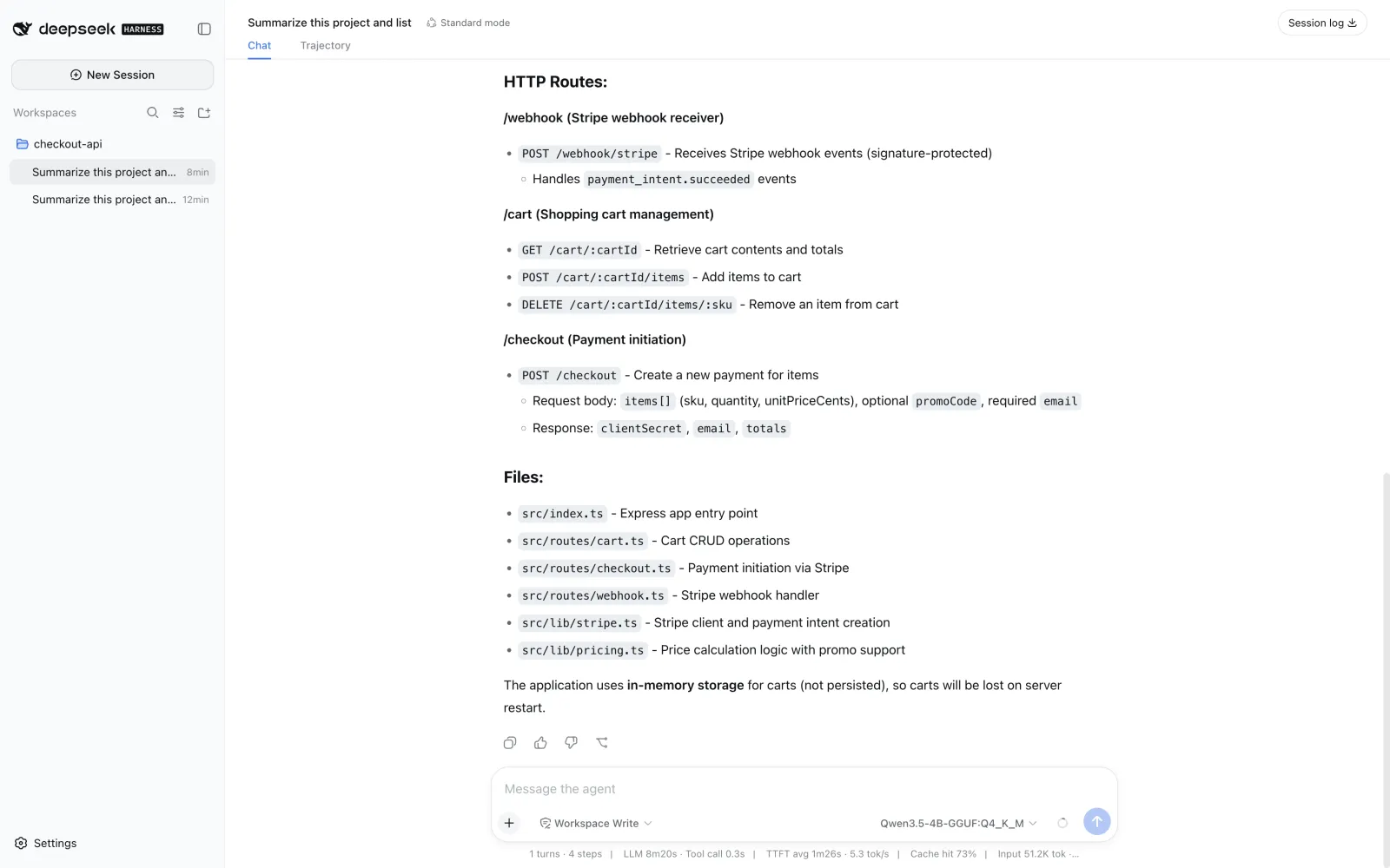 The local agent's completed project summary and route list